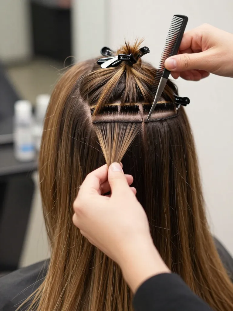 Hair being sectioned for balayage with triangular sections following natural fall pattern