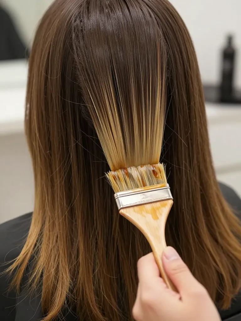 Colorist painting balayage color onto dark brown hair with sweeping strokes from mid-length to ends