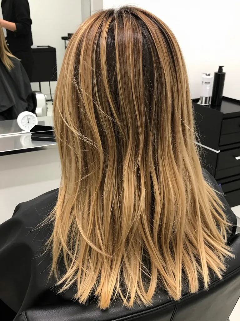 Balayage color processing in open air, lightener lifting mid-lengths and ends to warm golden tone