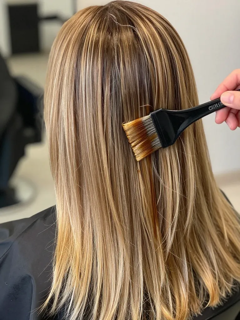 Colorist applying warm caramel toner to pre-lightened balayage sections