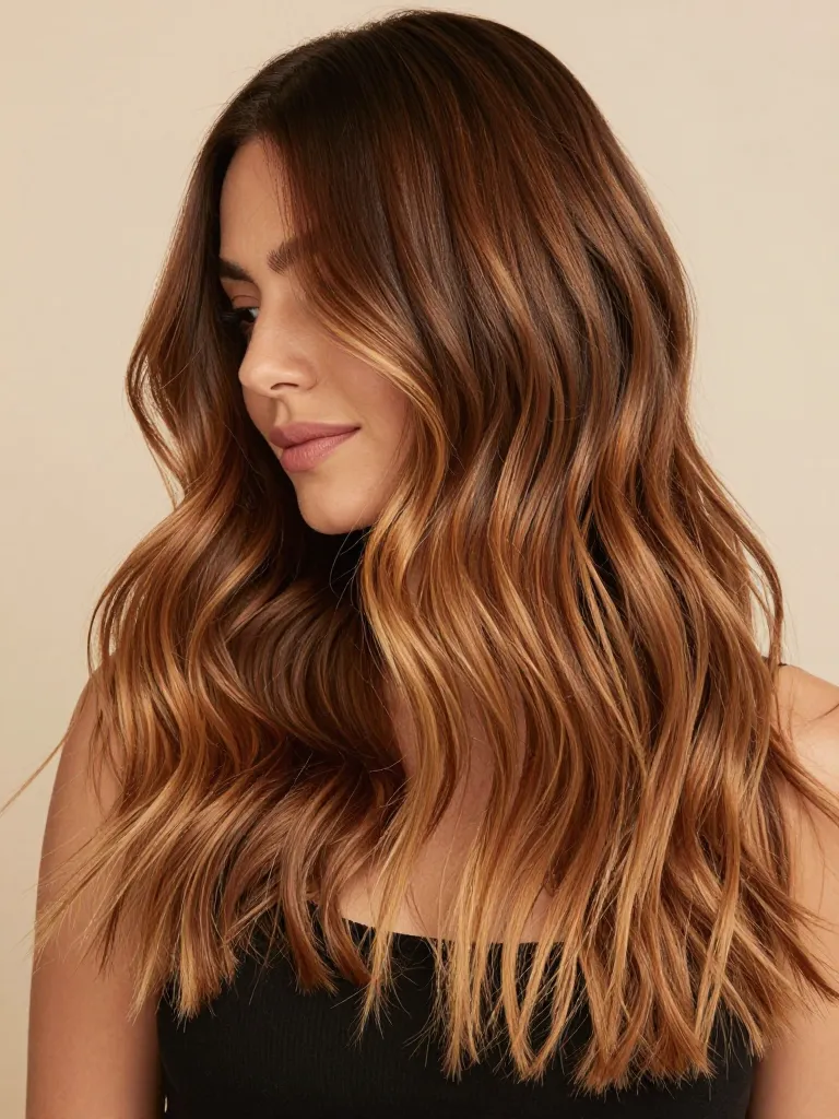 Finished balayage hair in warm caramel tones with loose beach waves showing color dimension
