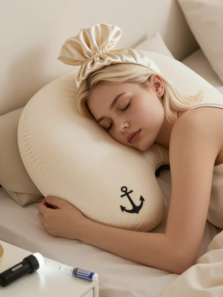 Neck-cutout pillow with silk pouch for tendril preservation during sleep