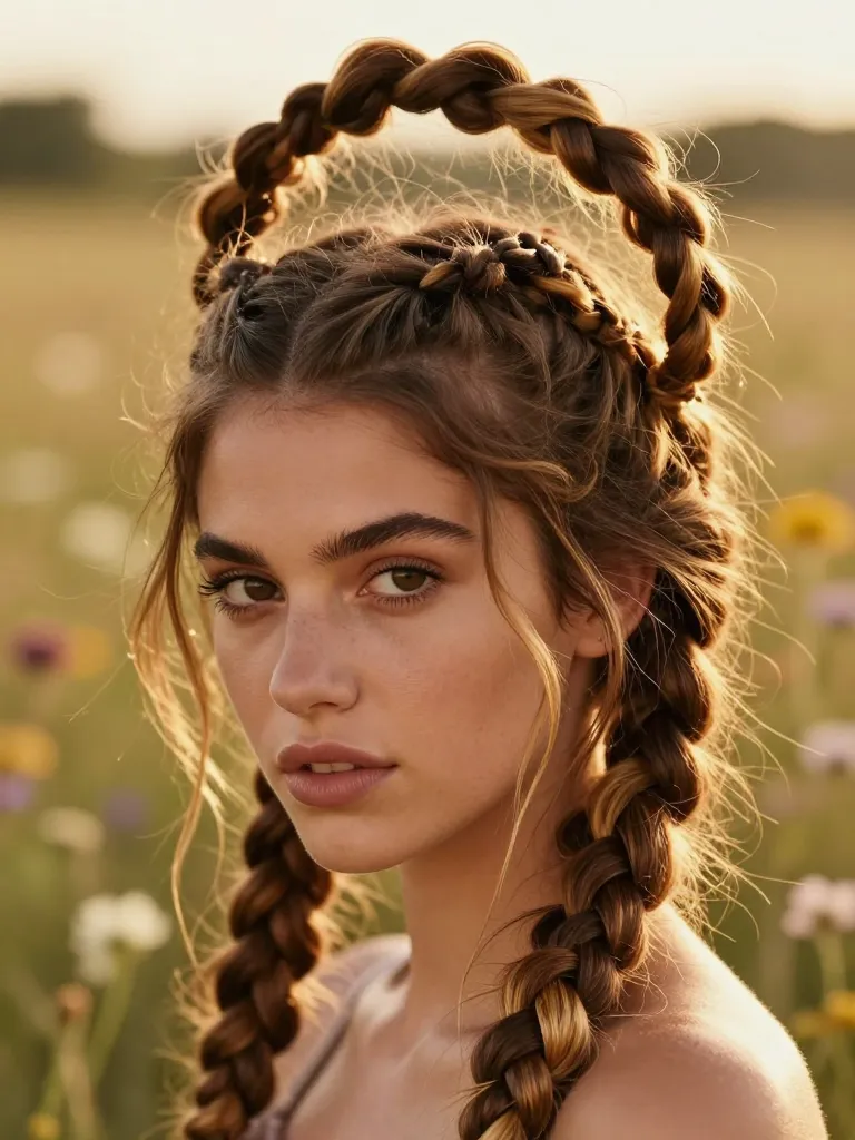 Boho milkmaid crown braids in medium brown hair with honey highlights, loose fishtail braids forming a halo shape