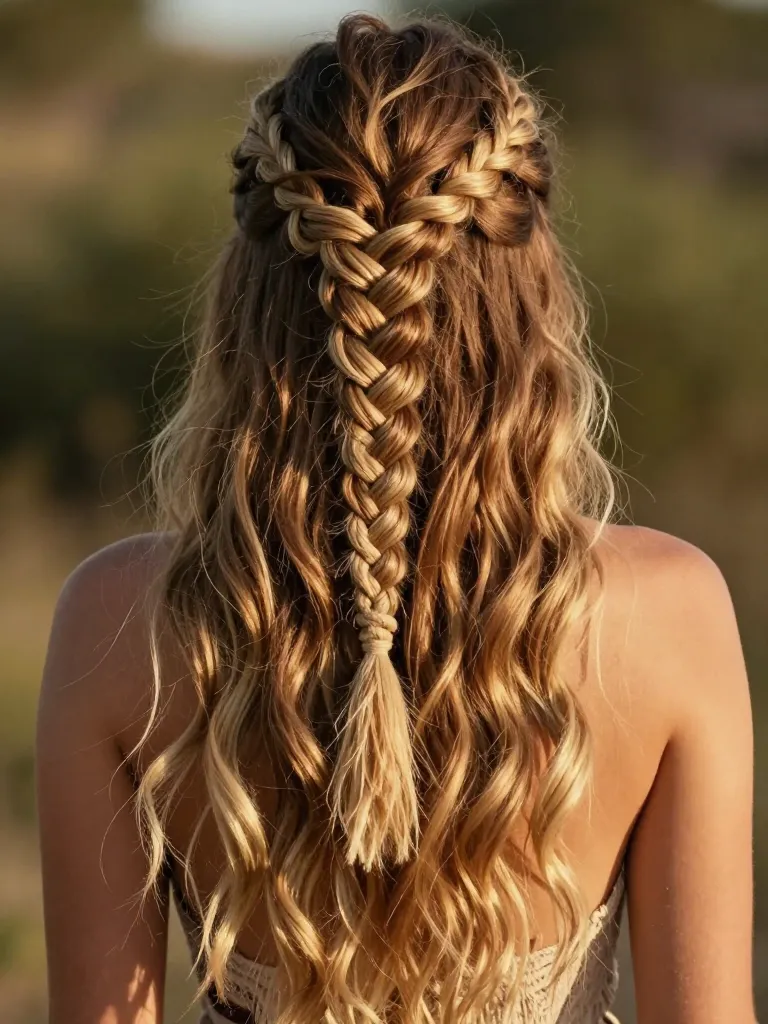 Half-up boho rope braid in dark blonde wavy hair with face-framing pieces