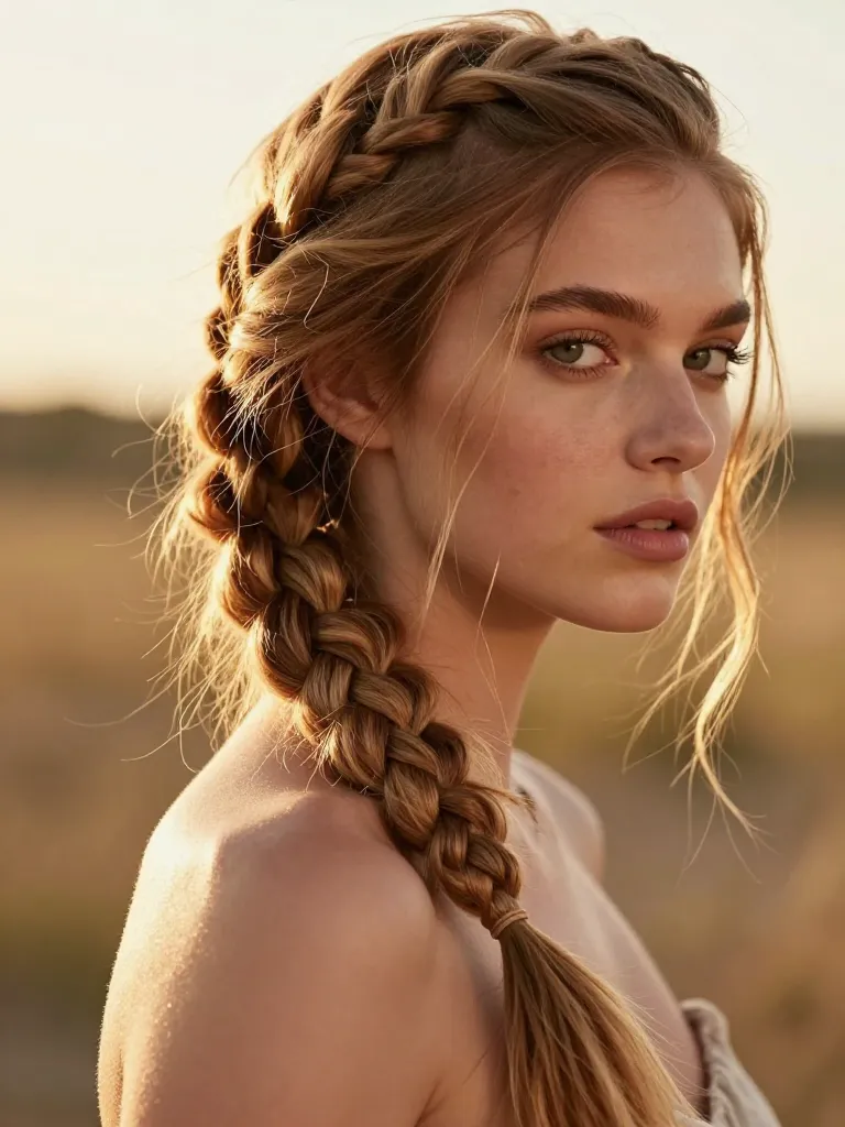 Boho fishtail side braid in light auburn hair, wide pulled-apart texture with face-framing tendrils