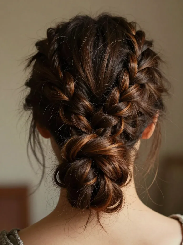 Messy boho braid bun in dark brown hair with caramel highlights, textured low bun at the nape