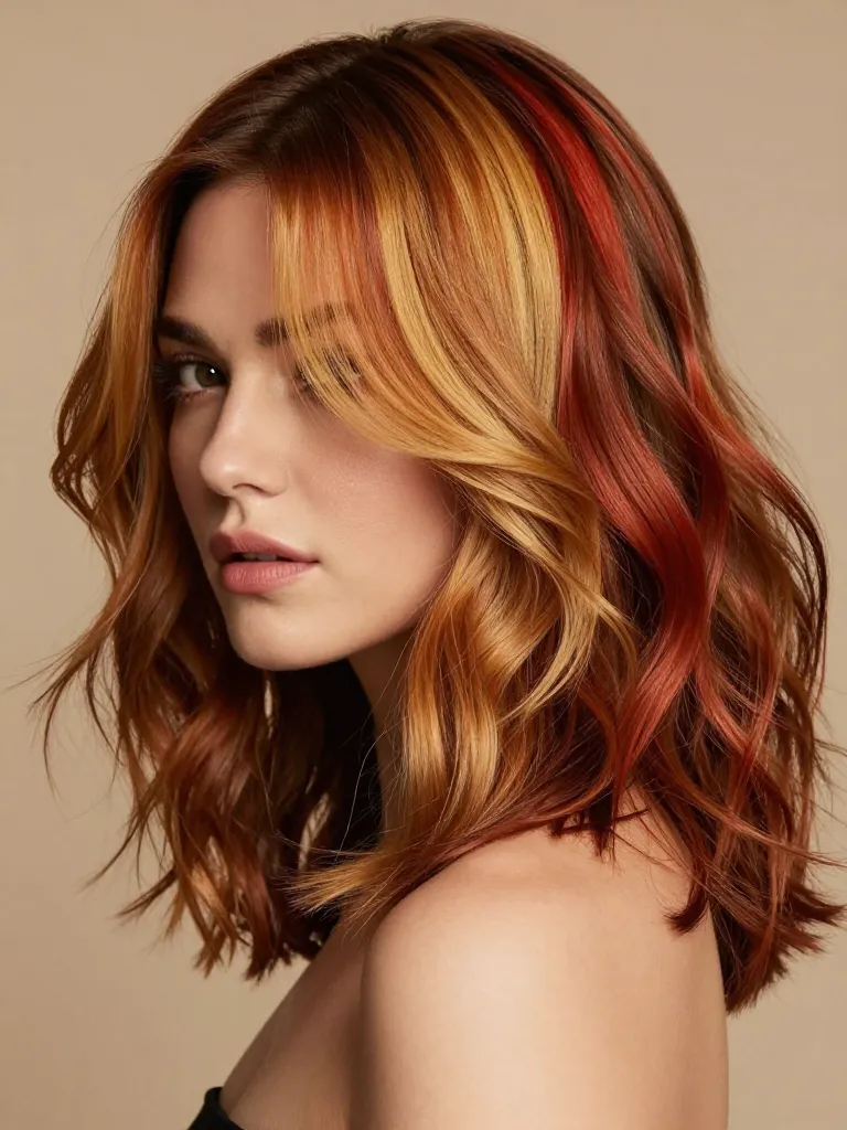 Classic tri-color calico hair with warm chestnut, caramel blonde, and copper-red patches