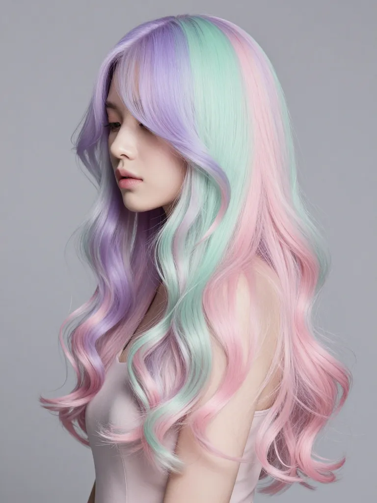 Pastel calico hair with lavender, mint green, and blush pink patches