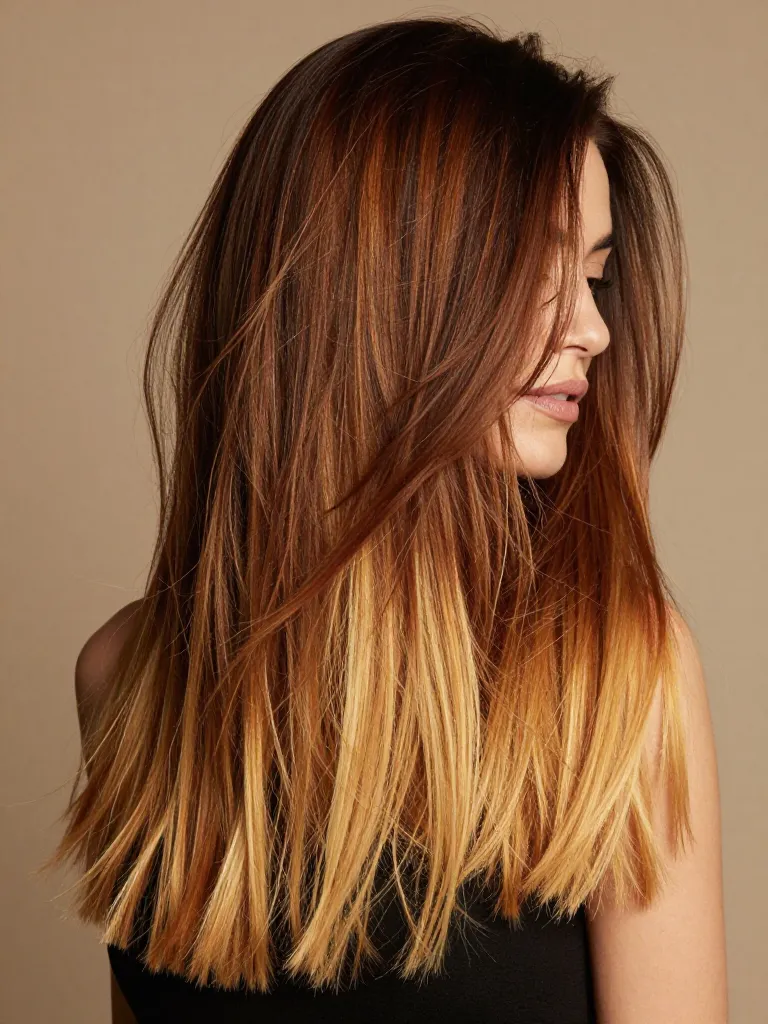 Shadow root calico with dark espresso roots, caramel mid-lengths, and honey-blonde ends
