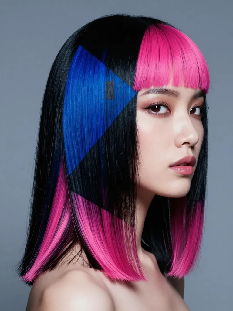 Bold graphic calico hair with jet black, electric blue, and hot pink geometric patches