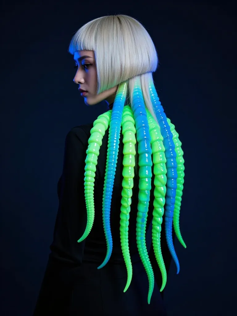 Bioluminescent Bobbit Worm Mullet with neon green and electric blue tendrils glowing under black light
