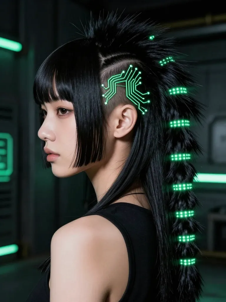 Cybernetic Raccoon Mullet with asymmetric dark bob and LED circuit traces