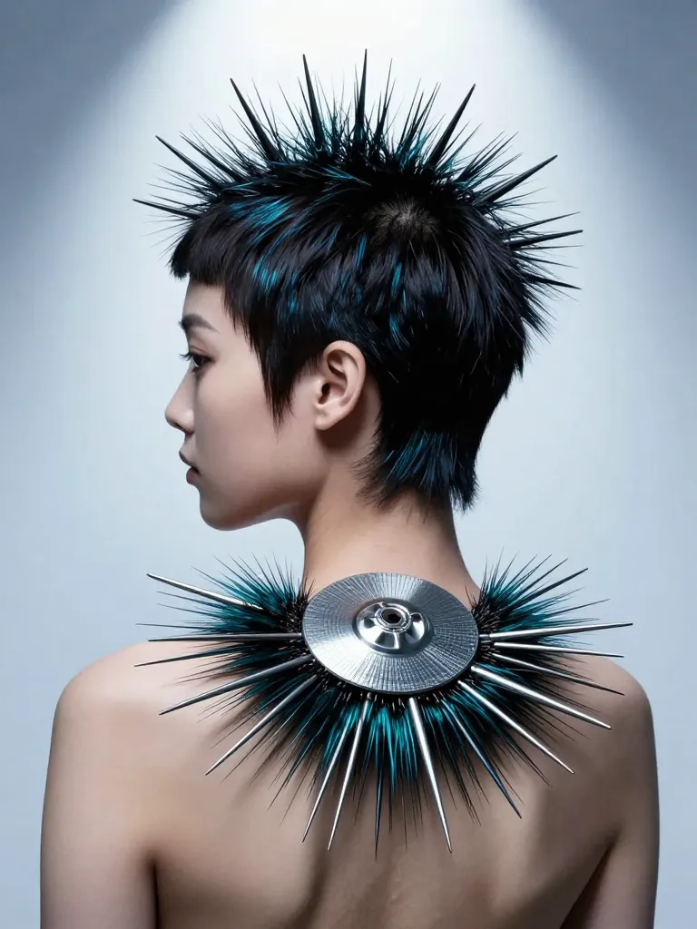 Synthetic Sea Urchin Mullet with rigid metallic spines radiating outward
