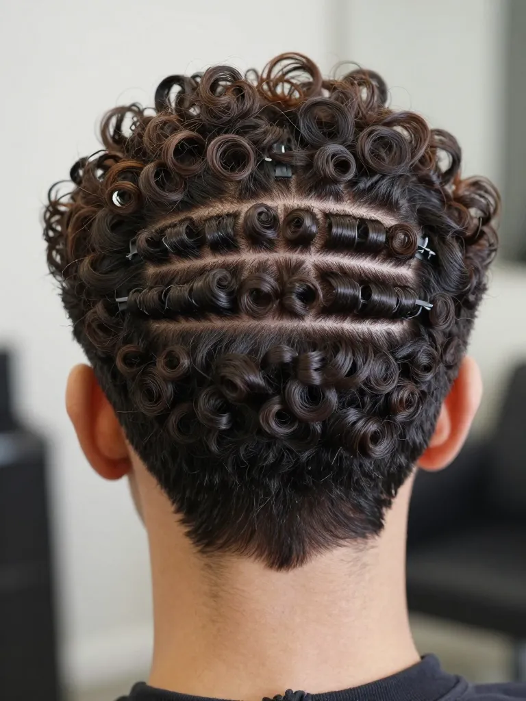 Curl pattern zone mapping on dark brown curly hair with sectioning clips
