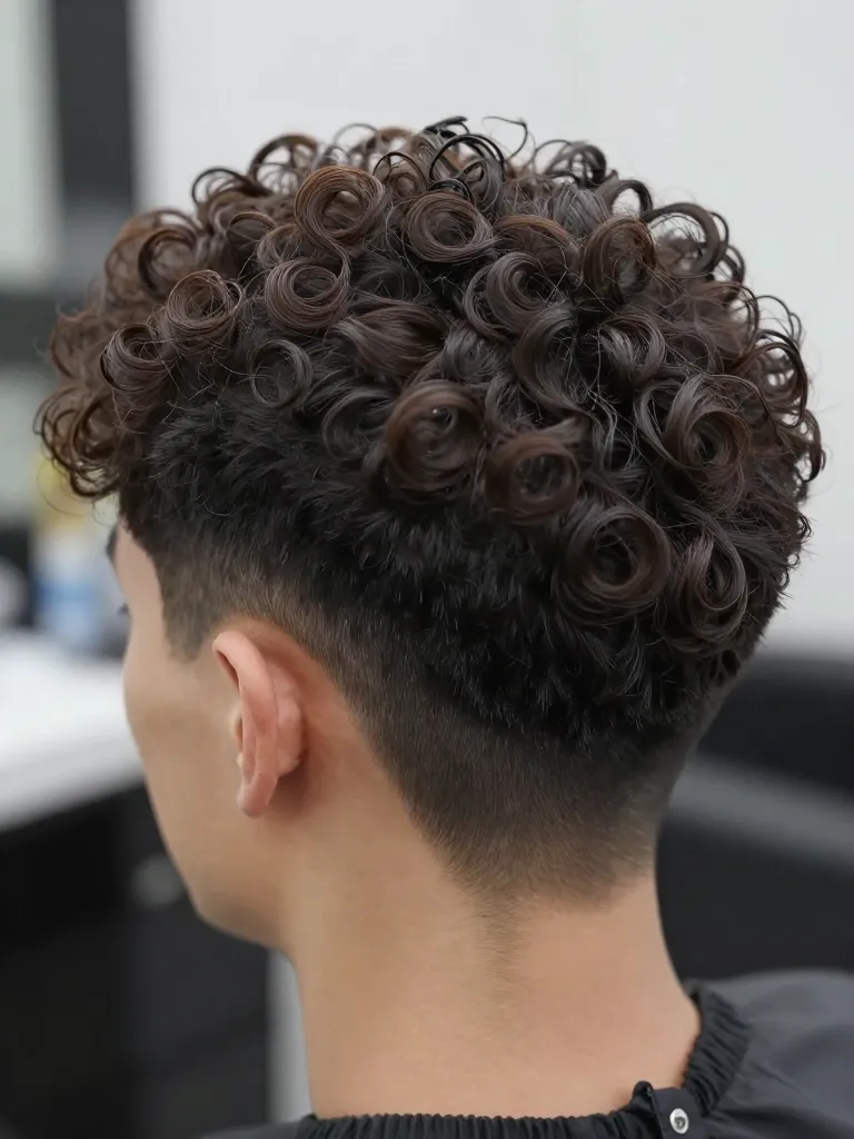 Curl-by-curl cutting method on dark brown curly hair for mullet