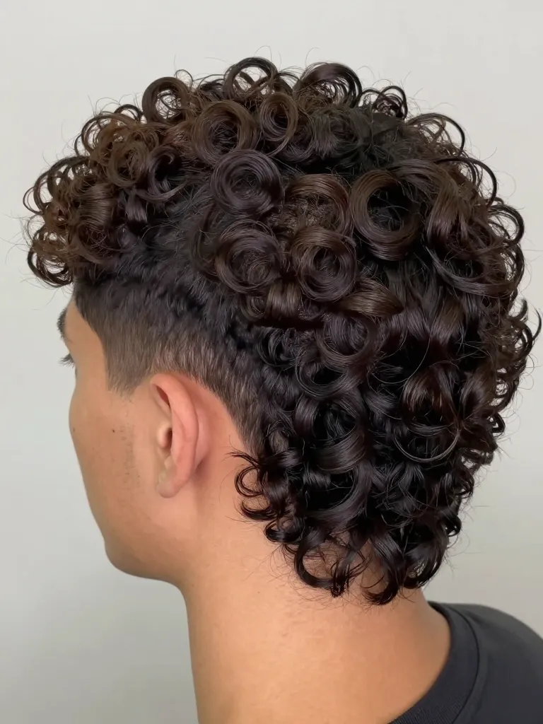 Crown-to-back transition zone on curly mullet showing seamless curl gradient