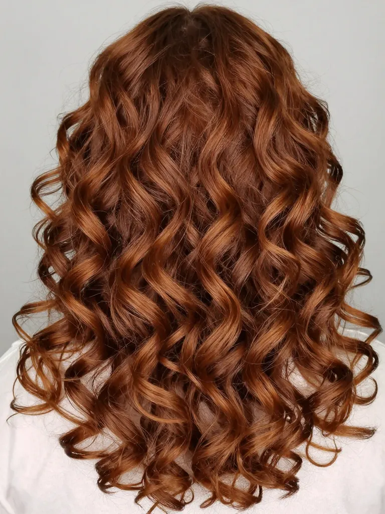 Different curl types visible on auburn curly hair — tighter ringlets at crown, looser waves at mid-lengths