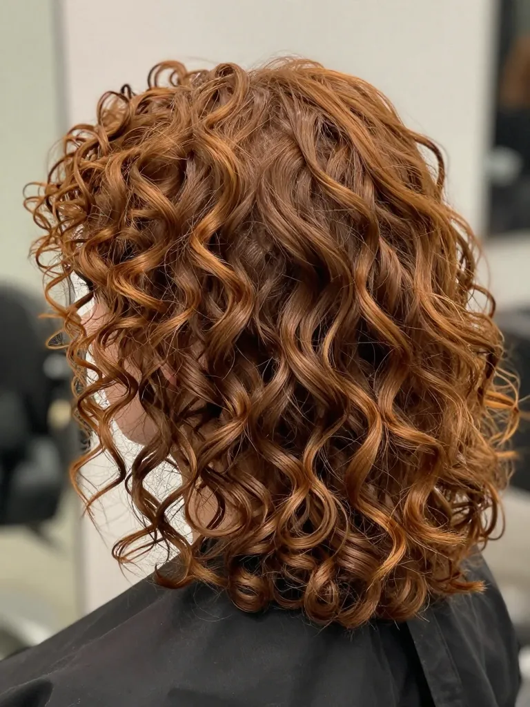 Curl-by-curl cutting method on auburn curly hair for women's mullet