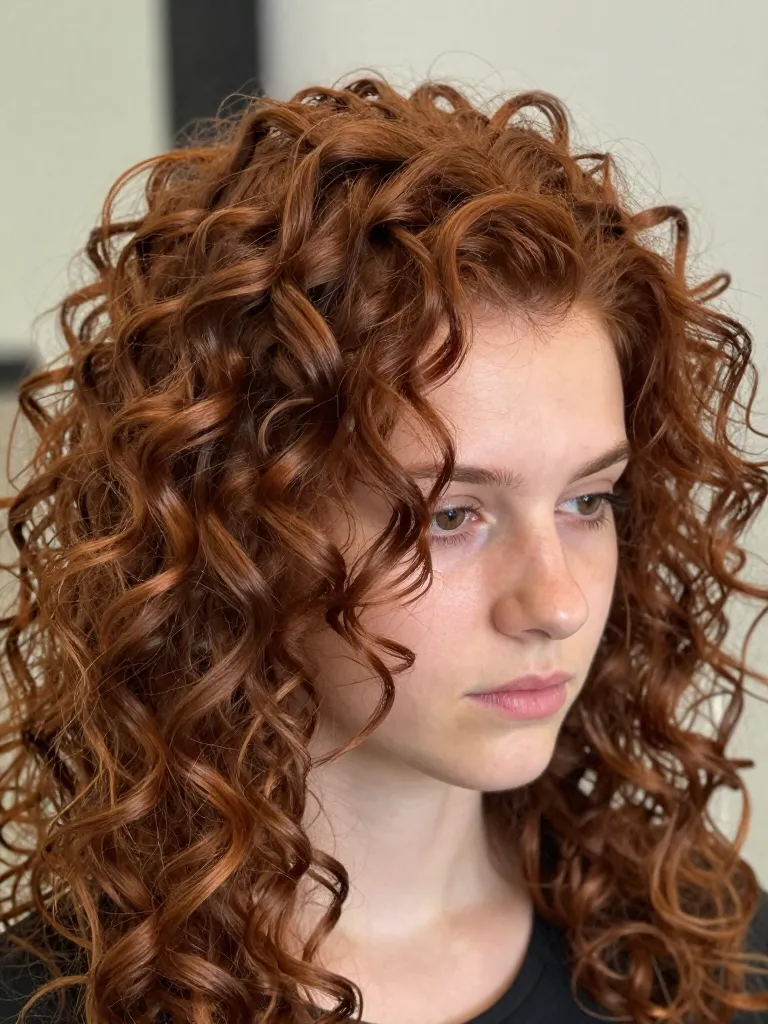 Crown layering on auburn curly hair with point-cutting to reduce bulk while maintaining volume