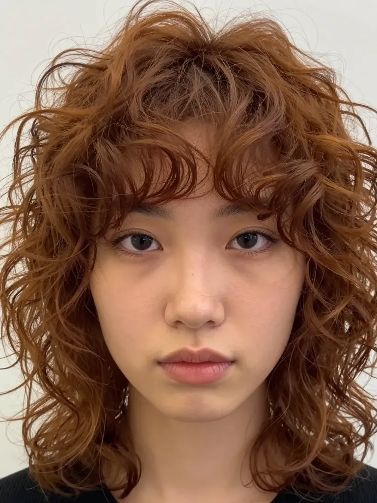Face-framing curls being trimmed on auburn curly mullet to frame cheekbones and jawline