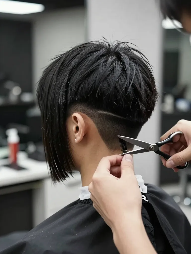 Asymmetric mullet haircut with sharp bob on one side and undercut on the other