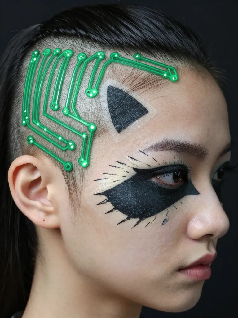 Green LED strips adhered in circuit-board patterns on undercut