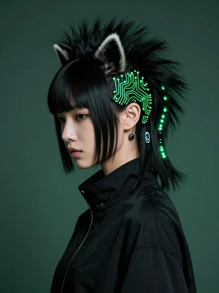 Completed cybernetic raccoon mullet with glowing circuit traces and tail banding
