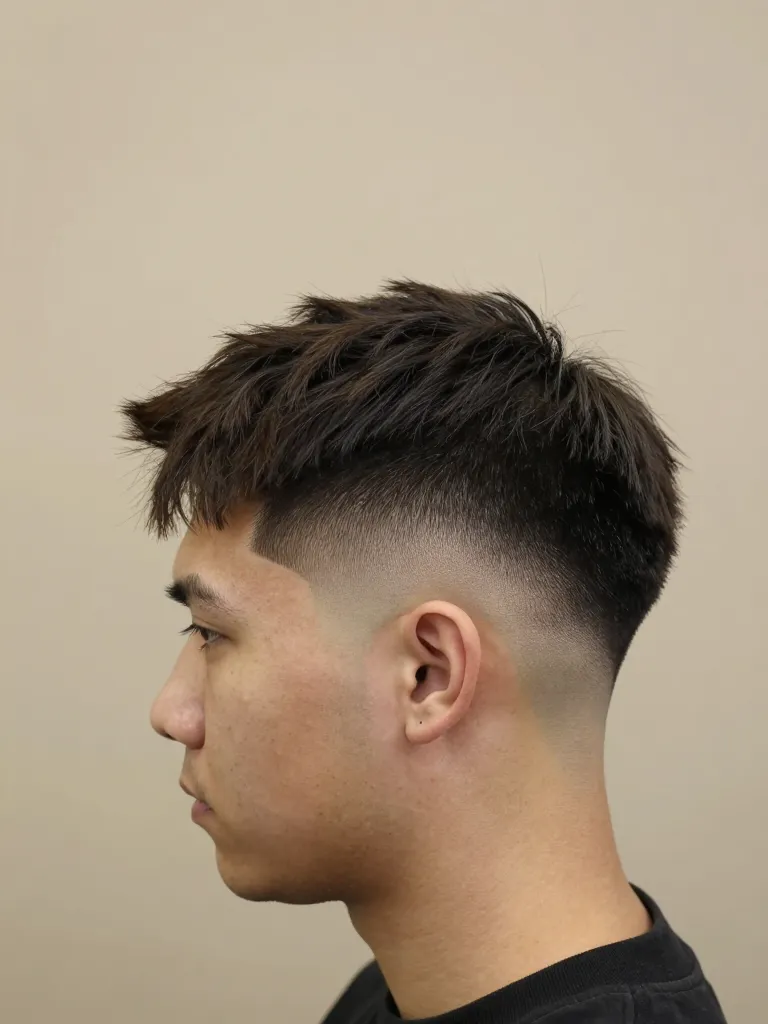 Skin fade haircut for men with bare skin sides and textured top