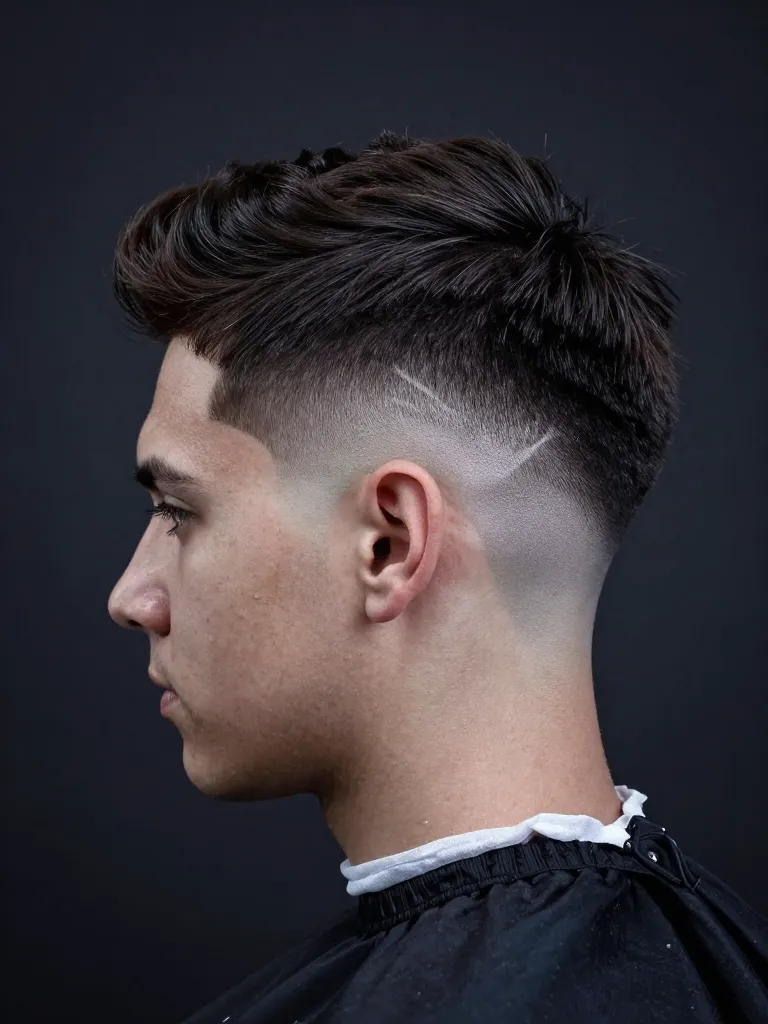 Burst fade haircut for men with radial fade pattern and textured top