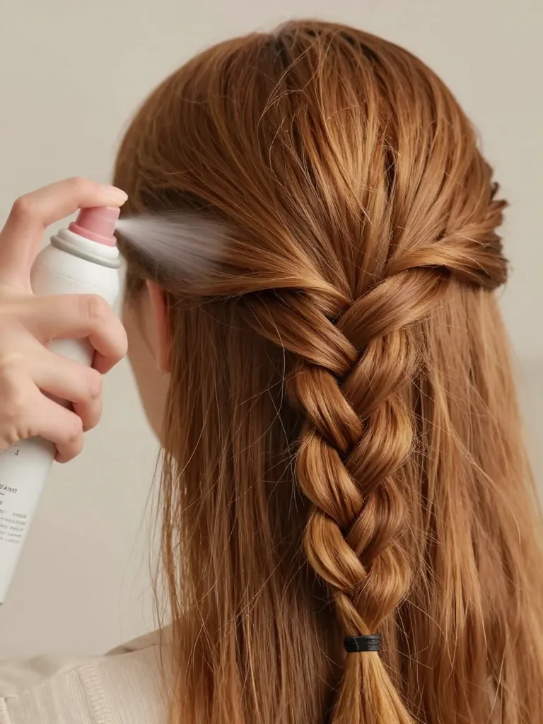 Applying texturizing spray to light auburn hair before braiding