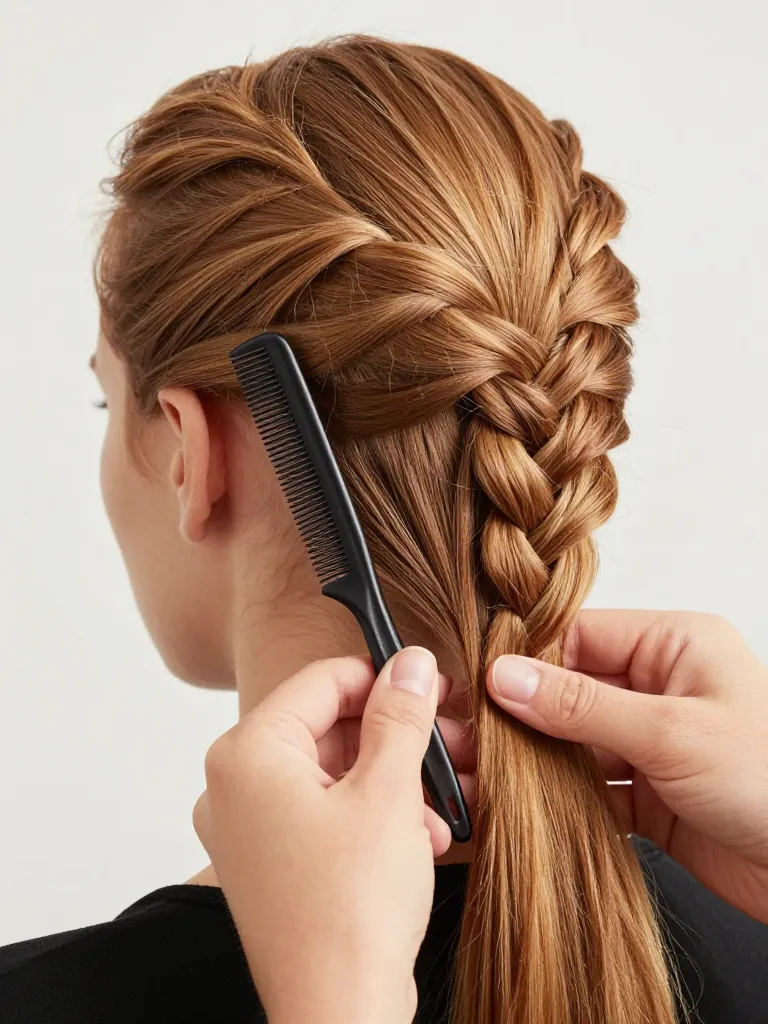 Sectioning light auburn hair for a side fishtail braid with a deep side part