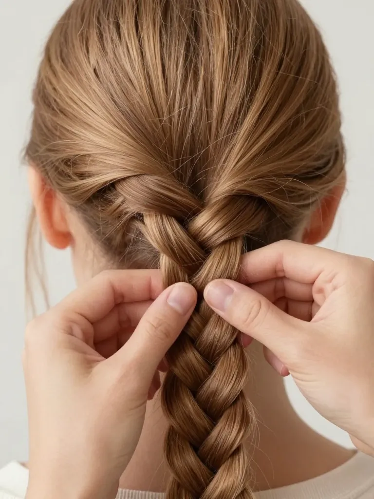 Hands creating a fishtail braid on light auburn hair, crossing small pieces from outer edges
