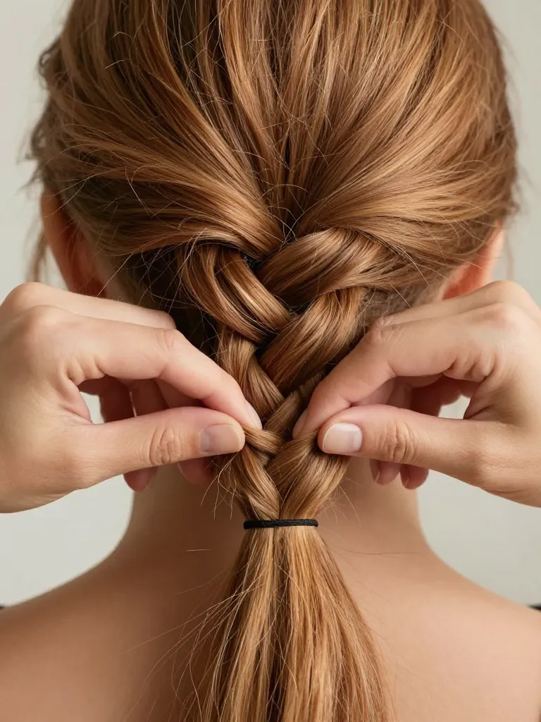 Hands pulling apart a fishtail braid to create wide boho texture