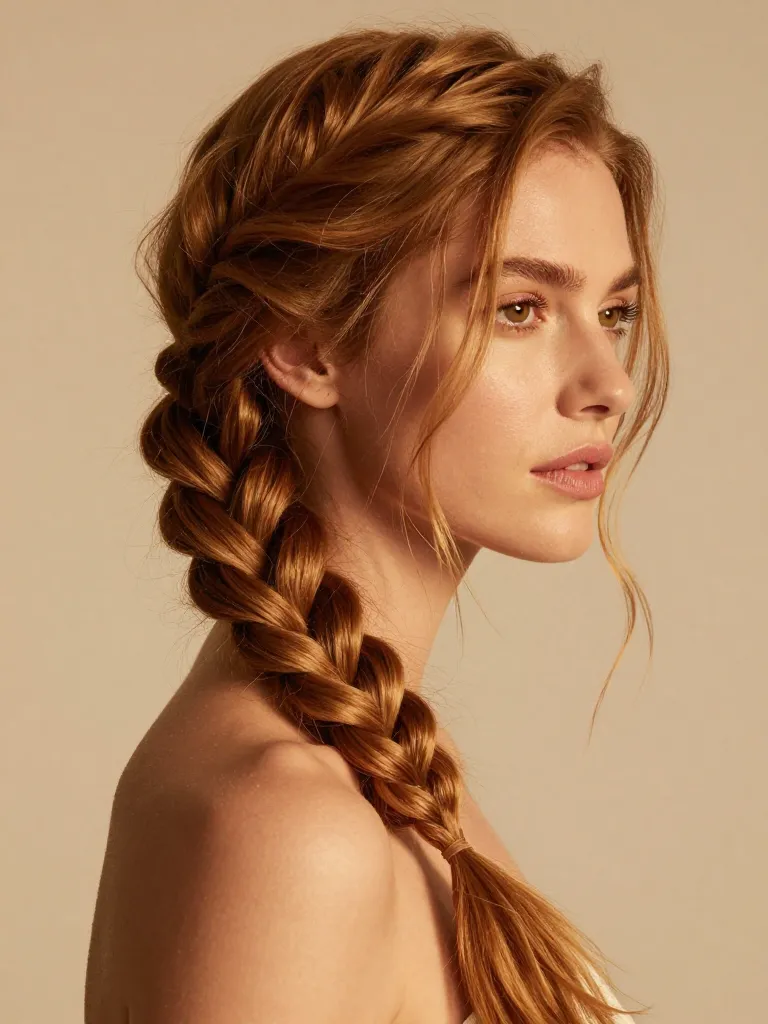 Finished boho fishtail side braid with face-framing tendrils and natural texture