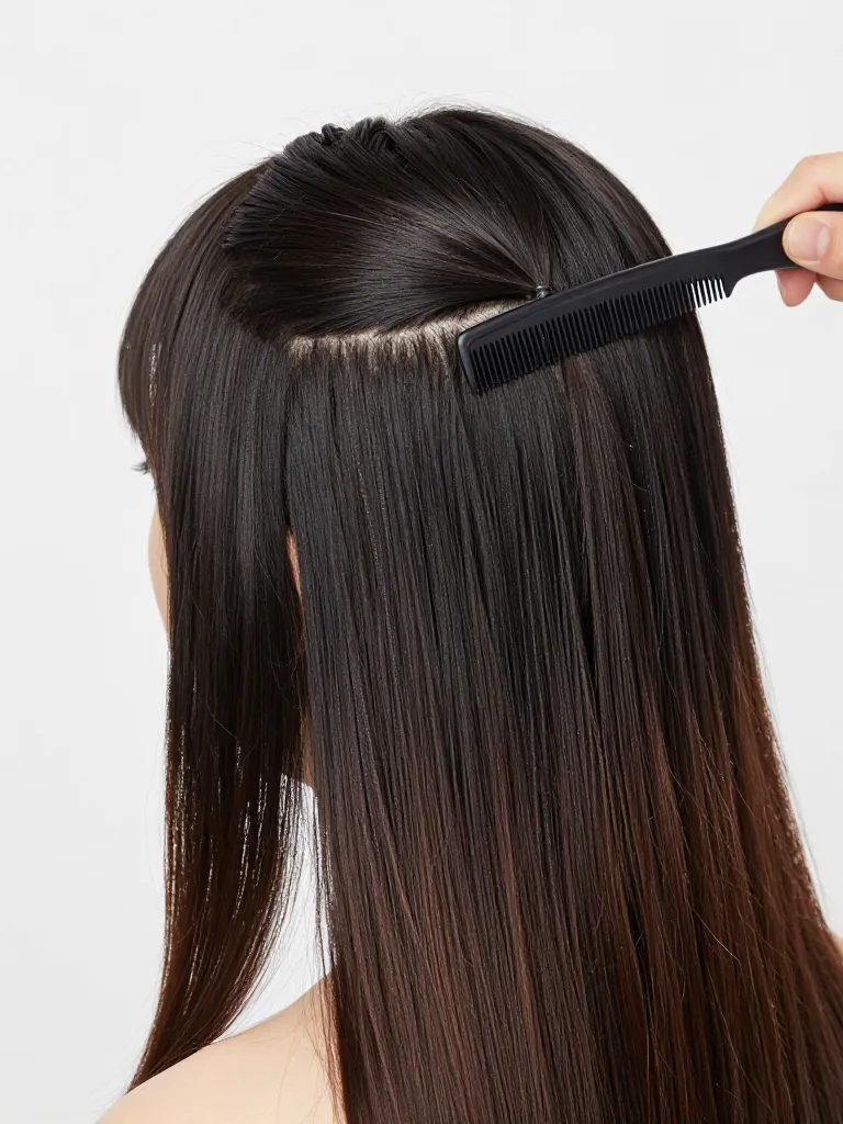 Texturizing the transition zone of a long mullet with razor comb for soft gradient