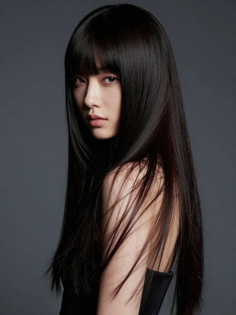 Finished long mullet on sleek dark hair with healthy flowing cascade to mid-back