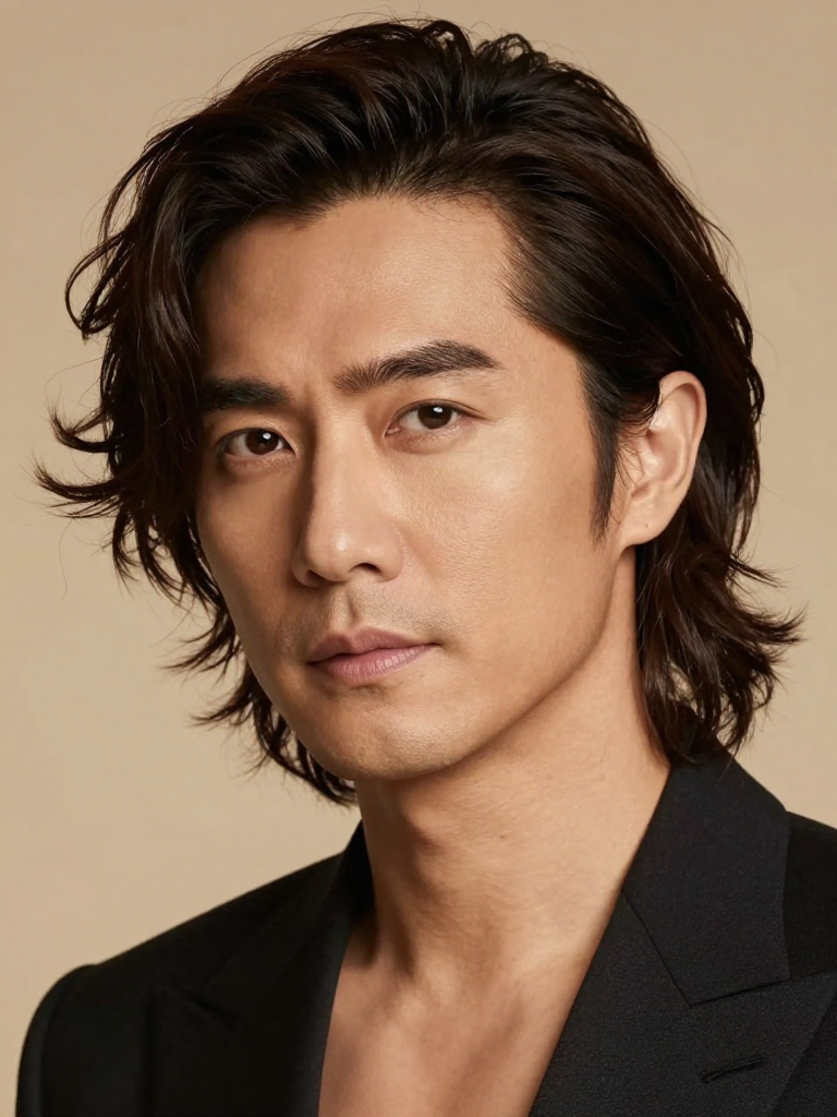 Medium length swept back hair on a man with dark brown wavy hair