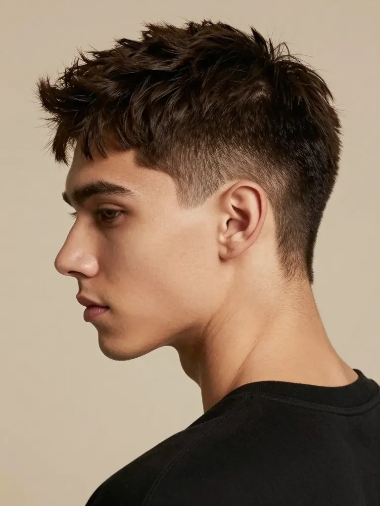 Textured crop mullet in dark brown hair with choppy fringe and textured back