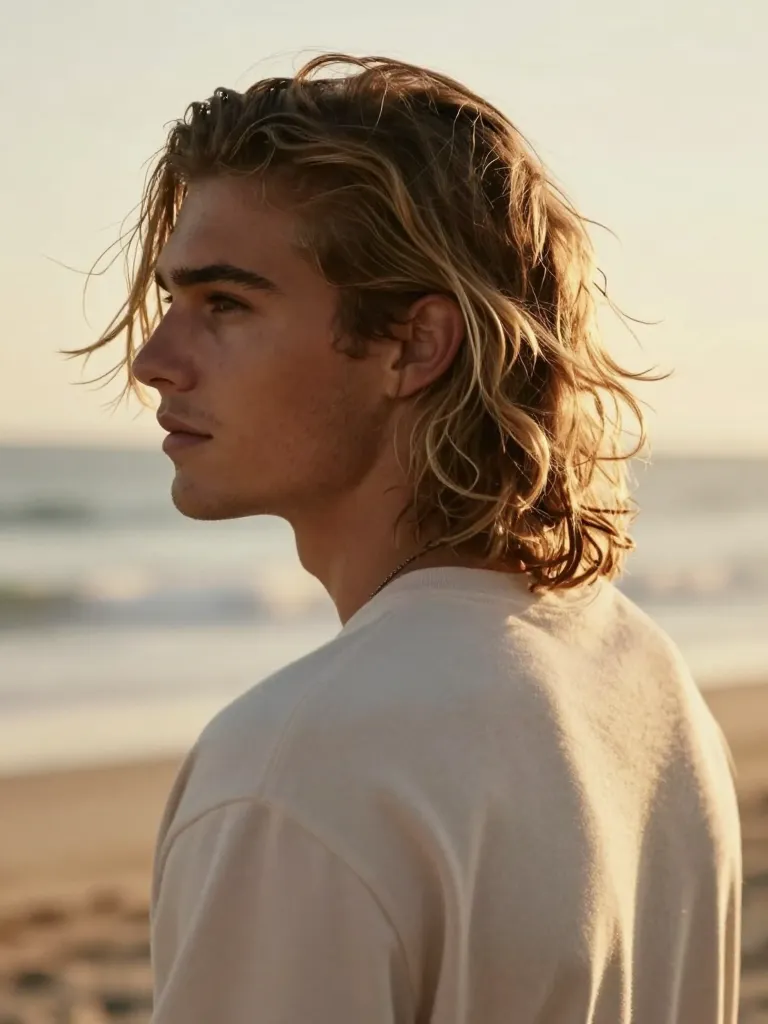 Flow mullet with wavy dark blonde tousled hair and natural movement