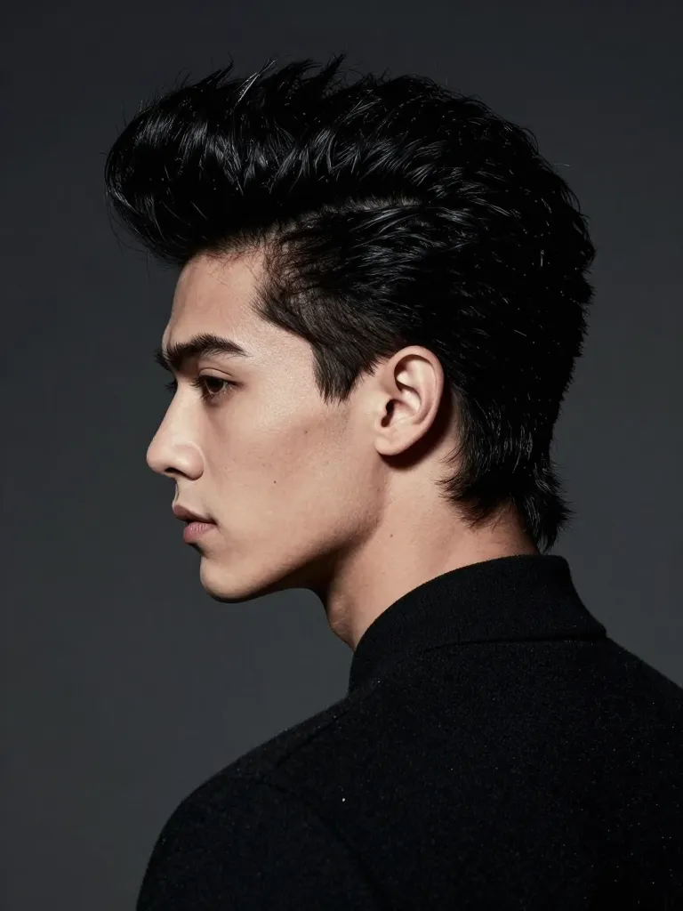 Pompadour mullet with jet-black sculpted front and textured mullet tail