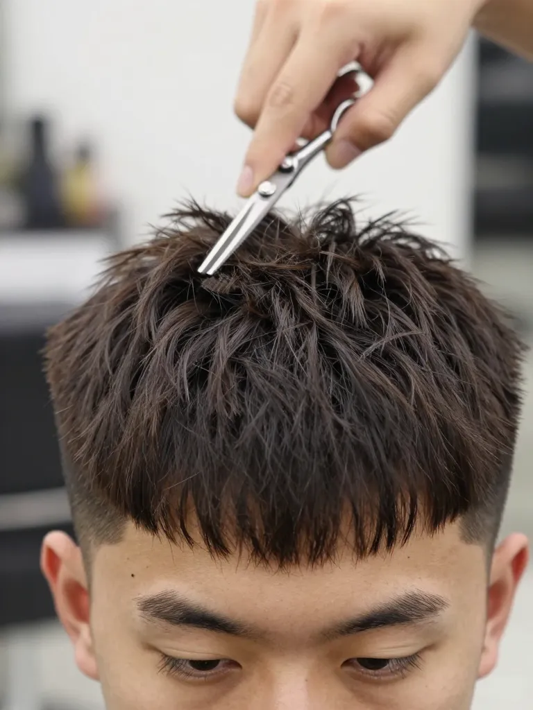 Point cutting the top for texture in a mid fade haircut