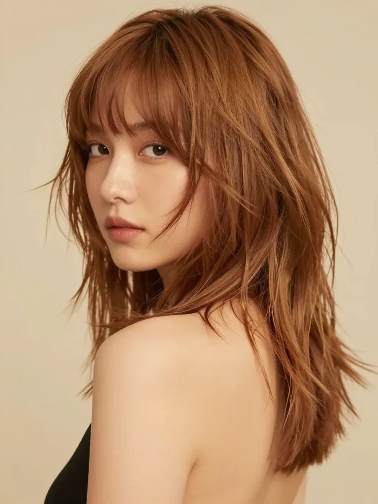 Textured shag mullet in warm honey-brown hair with piece-y layers