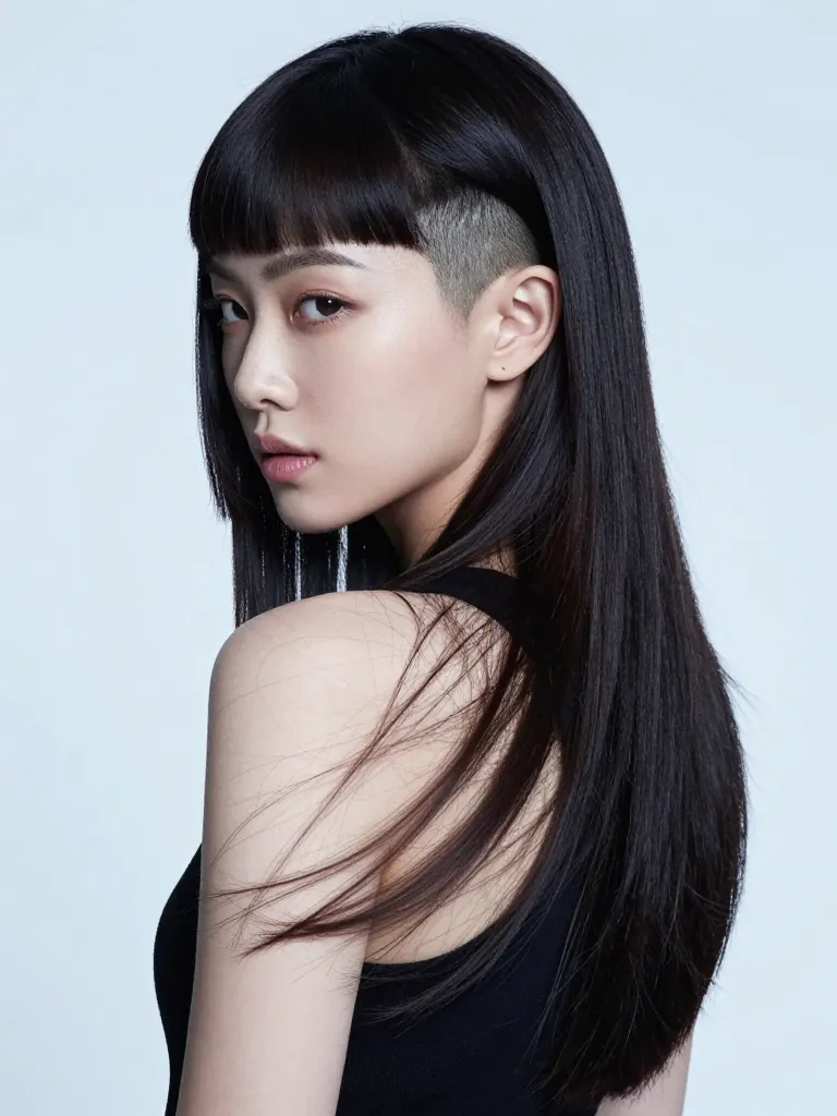 Undercut mullet with shaved sides and long dark textured back