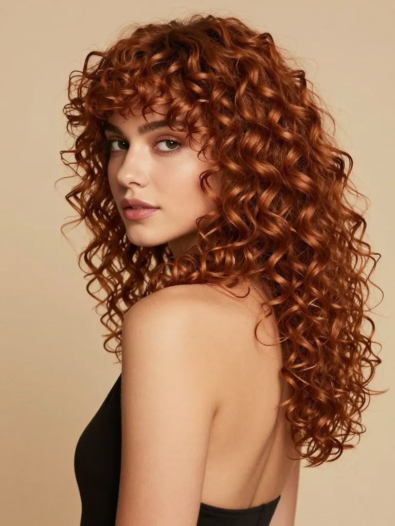 Curly mullet with auburn spiral curls cascading past shoulders