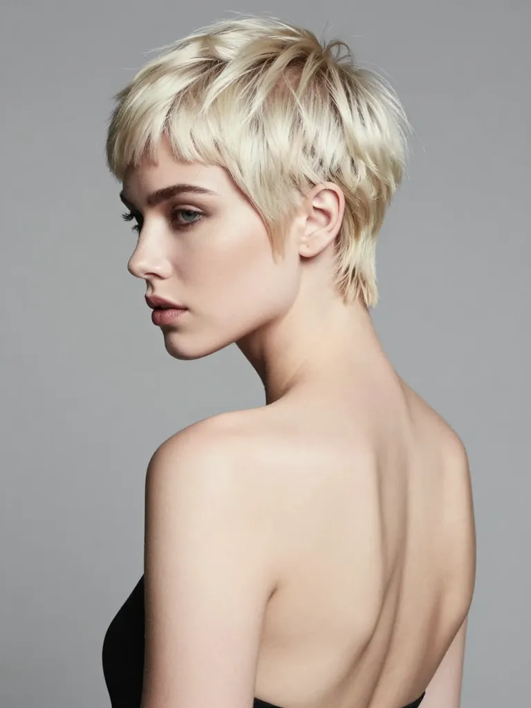 Pixie mullet with platinum blonde short crop and subtle nape extension