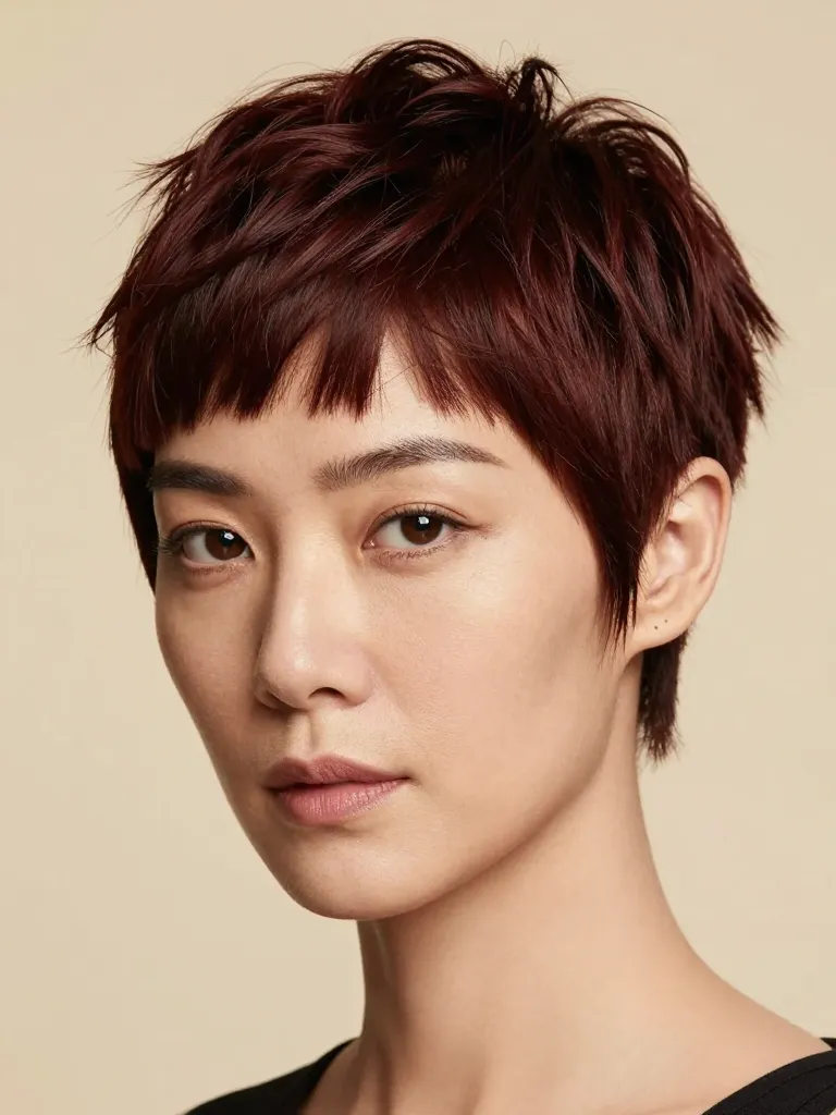 Micro-bang pixie cut with bangs cut one inch above eyebrows in dark auburn hair