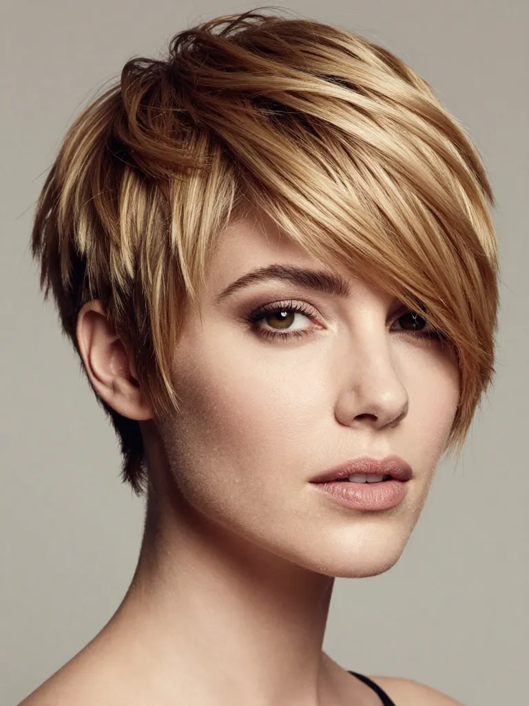 Side-swept pixie cut with diagonal bangs sweeping across the forehead in warm honey blonde hair