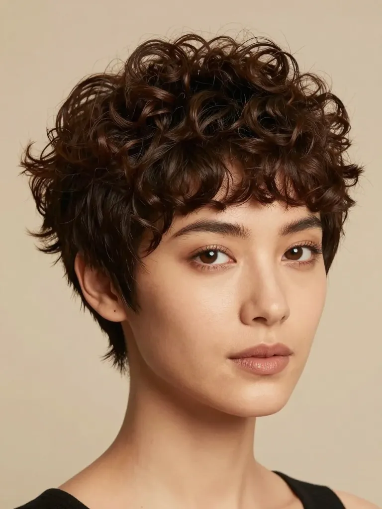 Curly pixie cut with bangs showing defined ringlet curls across the forehead in dark brown hair