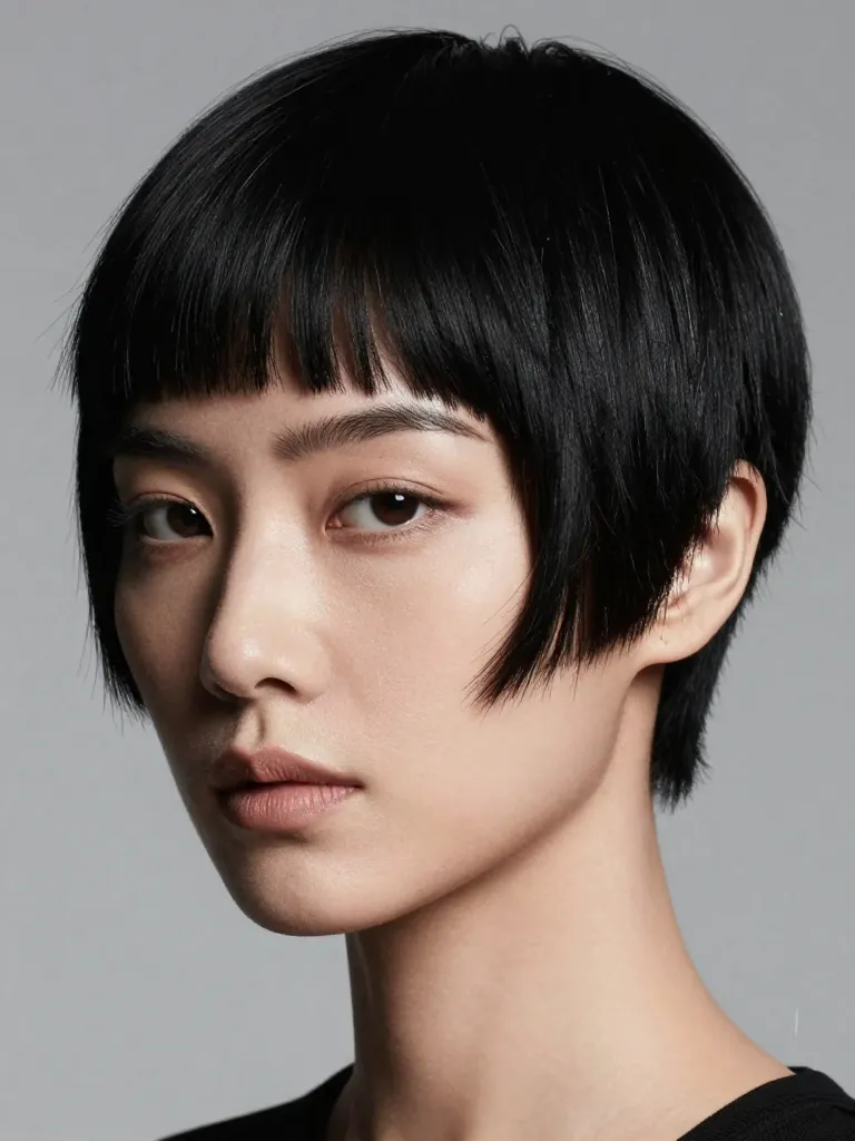 Blunt fringe pixie cut with precise horizontal bangs at eyebrow level in jet black hair