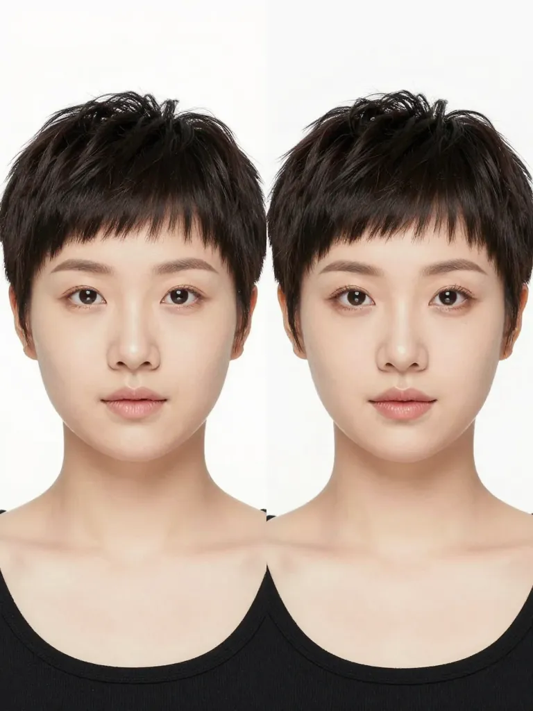 Side-by-side comparison of poorly chosen vs well-chosen pixie cut on round faces
